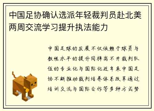 中国足协确认选派年轻裁判员赴北美两周交流学习提升执法能力